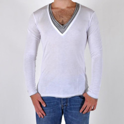 T-Shirt Eleven Paris Basic Double V LS Blanc / Gris